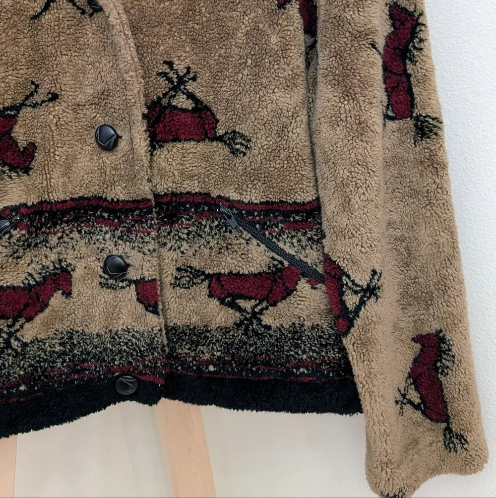 Vintage 90's Equestrian Collared Button Down Fleece Jacket In Tan/Black/Burgundy - Picture 7 of 11